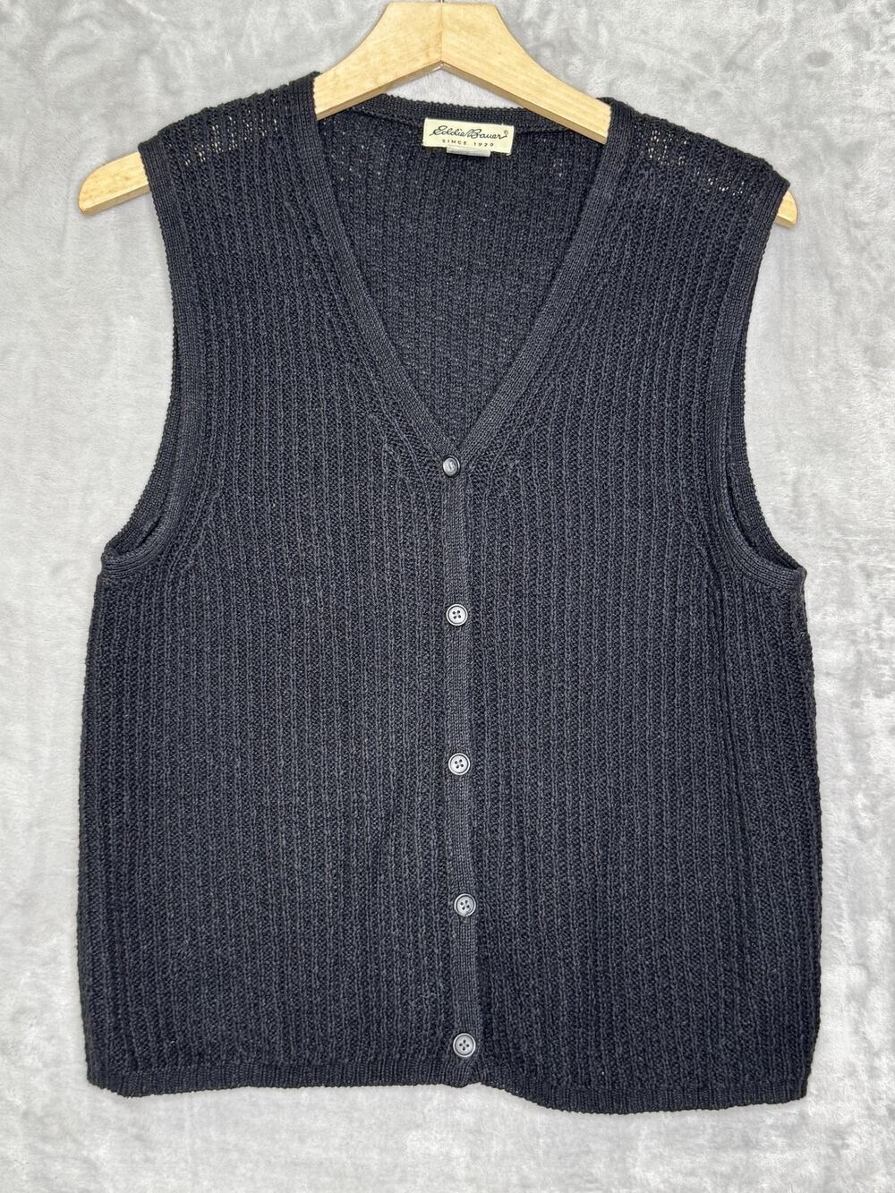 Vtg Eddie Bauer Sweater Vest Womens Medium Black Knit Linen Cotton Button Front